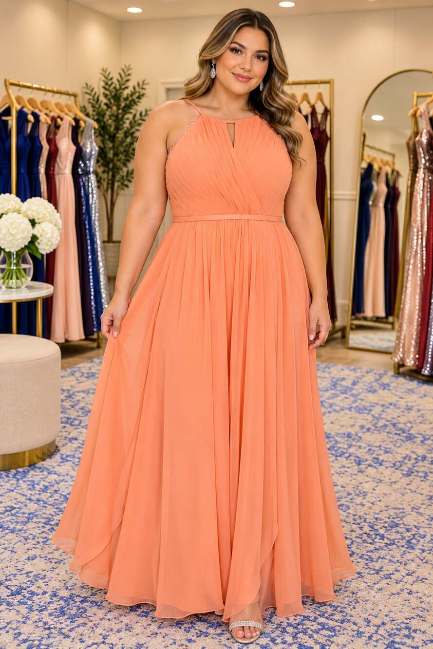 Azazie Coral Peach Chiffon Pleated Plus Size Formal Bridesmaid Evening Gown